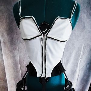 White Zip Up Corset Style Bustier Top Pearls